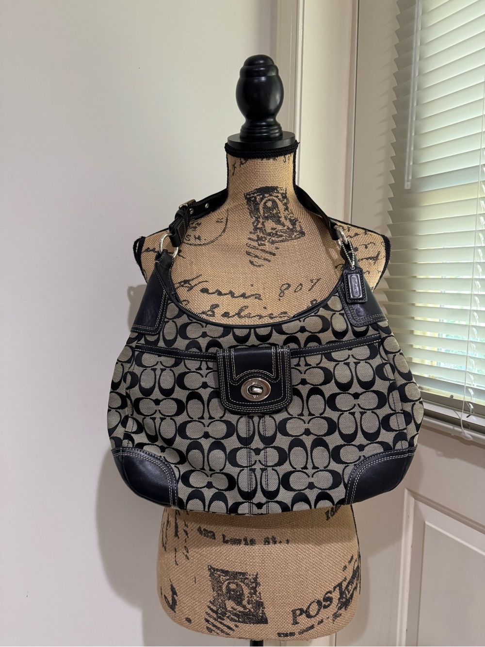 Vintage Coach Black and Cream Signature Canvas Shoulder Bag